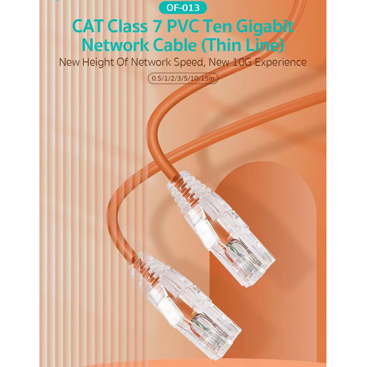 Close-up of COTECi CTA 7 PVC 10 Gigabit Ethernet Cable(OF-013) connectors, showcasing thin line design for efficient data transfer.